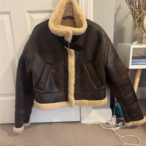 Zara Shearling Lined Brown Leather Jacket